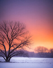 Winter Sunset with Bare Trees