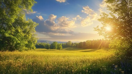 Obraz premium Idyllic landscape view of golden meadow with trees and sunlight