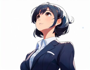  スーツを着た女性会社員が空を見上げる下からのアングルのイラスト。就職や就活などの新生活スタートをイメージ。白背景。AIで生成