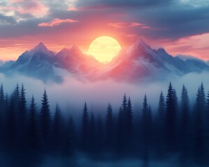 Mountains, sunrise, forest, foggy, cloudy
