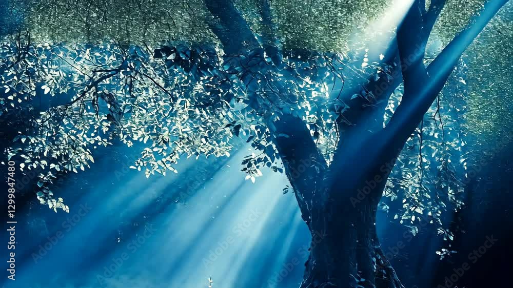 Poster sunlight filtering through a dense forest canopy creates a serene atmosphere around an ancient tree