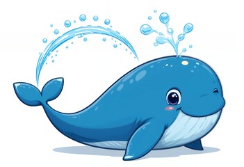 Cute Blue Whale Cartoon Illustration Spouting Water on White Background
