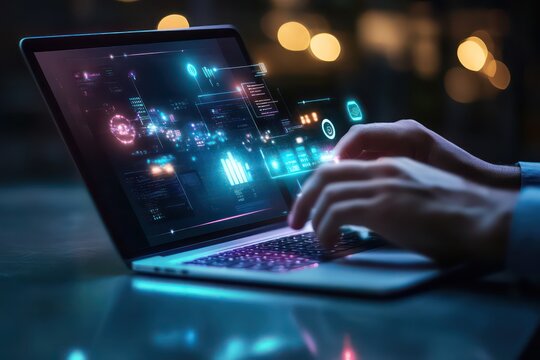 A professional attending a virtual learning session, interacting with an interactive e-learning interface on a laptop, promoting academic excellence.