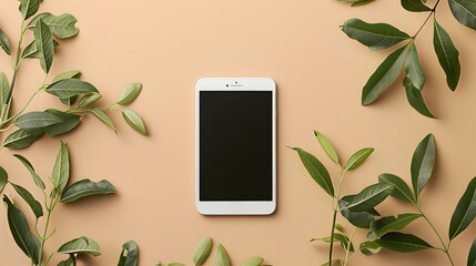 Minimalist flat lay of a tablet surrounded by green leaves on a soft peach background