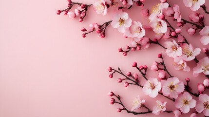 Fototapeta premium Pink blossoming tree branches elegantly arranged against a pink background