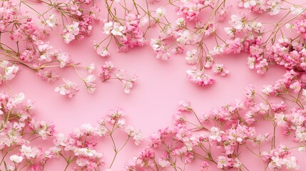 Obraz premium Delicate pink flowers arranged on a soft solid light pink surface