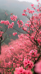 Fototapeta premium Enchanting pink hillside adorned with cherry blossoms