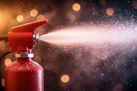 Red fire extinguisher spraying water. Ideal for safety, emergency, and fire prevention concepts.