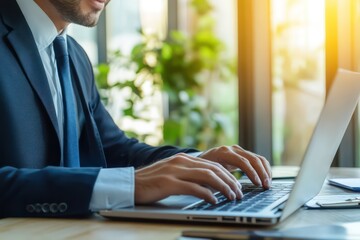 A professional, wearing business attire, engaging with e-learning platforms on a laptop, exploring virtual education tools for academic growth.