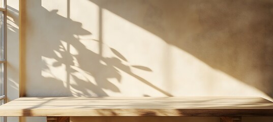 Wooden table mockup on stucco background with window shadow on the wall, beige earthy color tones,

