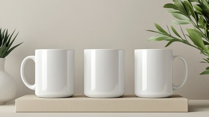 Fototapeta premium Three blank white mugs on wooden shelf. Perfect for showcasing your designs or branding.