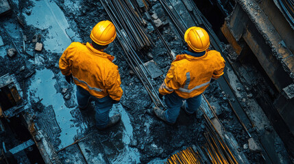 Construction project engineers reviewing foundation stability, testing earthquake-resistant building technologies, refining reinforcement techniques