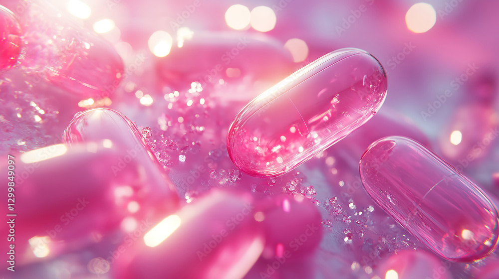 Poster close-up view of pink capsules arranged neatly creating a soft and vibrant visual effect