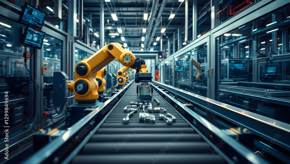 Poster robotic arms precisely working on an assembly line in a modern factory, showcasing automation, techn