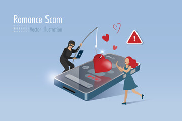 Romance scam, online dating phishing scam. Scammer with phishing hooks on women heart, fraud chatting on victim woman. Cyber crime, vector.