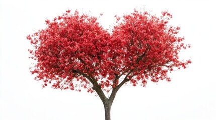 Obraz premium Heart-Shaped Tree with Vibrant Red Blossoms Against White Background