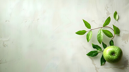 Fresh green apple with leaves on a textured light background, ideal for healthy lifestyle themes