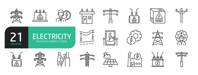 Set Of Electricity Line Icons. The set includes a Electric Tower, Power Generator, Electric Energy, Electrician, Accumulator, Refinery, and more.