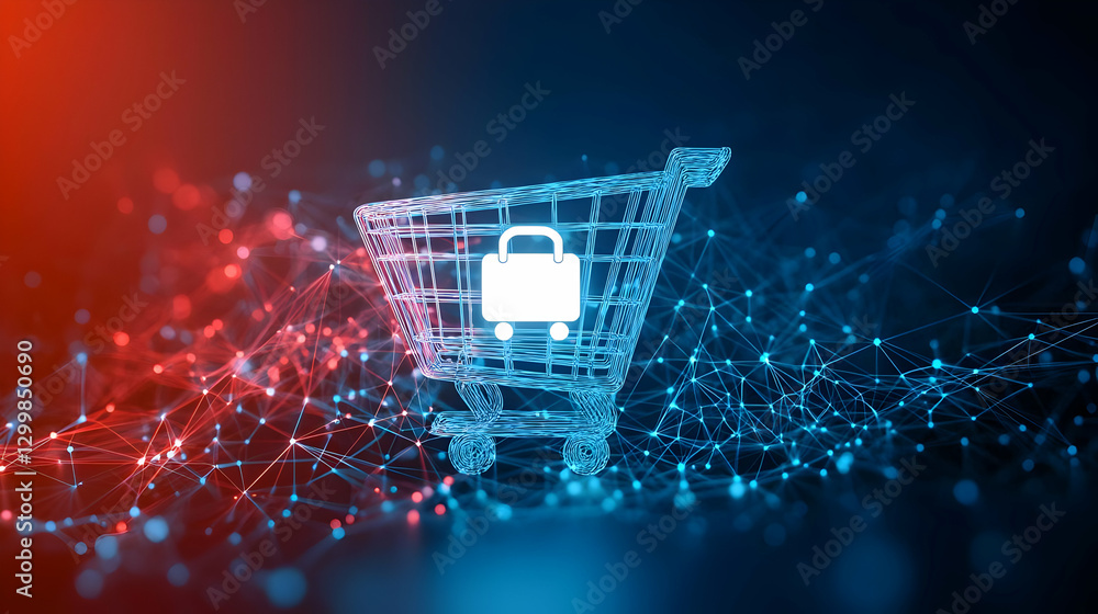 Poster digital shopping cart icon illuminated with red and blue network lines