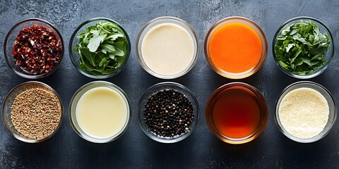 Assortment of Spices and Sauces in Glass Bowls
