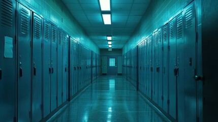Obraz premium Empty teal school hallway with lockers. Perfect for themes of education, mystery, or nostalgia.