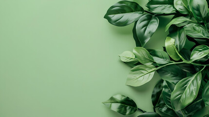 Lush green leaves arranged artistically on a soft green background, perfect for nature-themed designs (4)