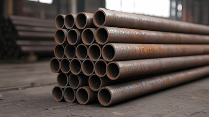 Close Up Of Stacked Rusty Metal Pipes Showing Detailed Surface Texture And Industrial Background