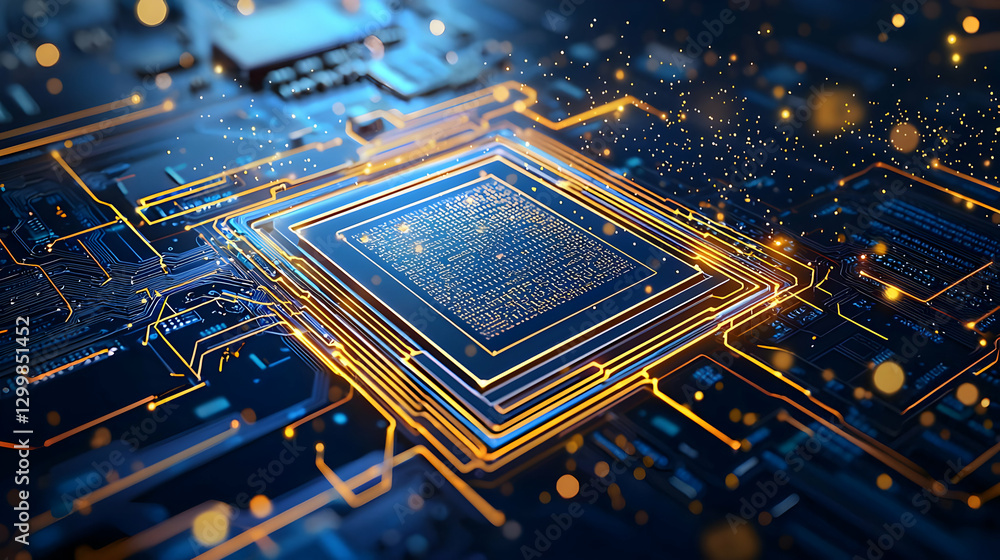 Poster abstract close up of a computer microchip with blue and golden lines and lights