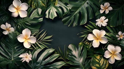 Tropical flowers and leaves frame a dark empty central space