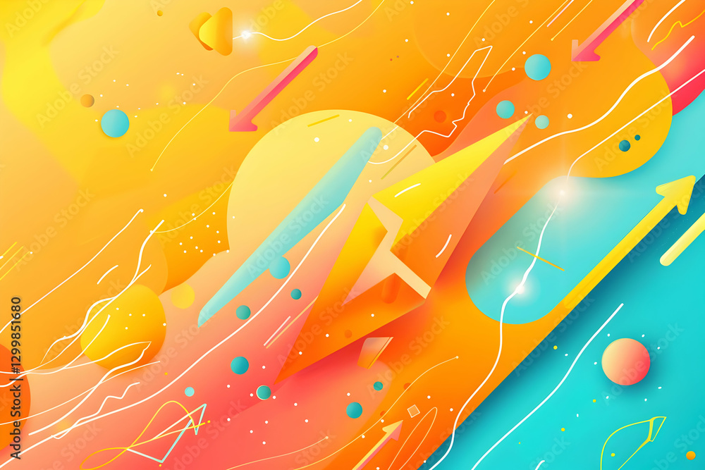 Poster vibrant abstract composition with geometric shapes and flowing lines in a colorful gradient backdrop
