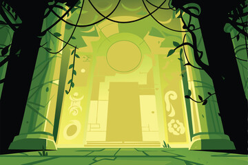 Eerie, overgrown temple ruins glowing faintly at night, thick vines clinging to ancient stone, mystical atmosphere.