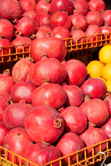 Fresh pomegranates and citrus fruits displayed at a market