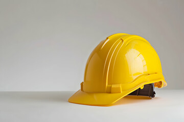 Fototapeta premium Bright yellow hard hat resting on a surface with a neutral background, symbolizing safety