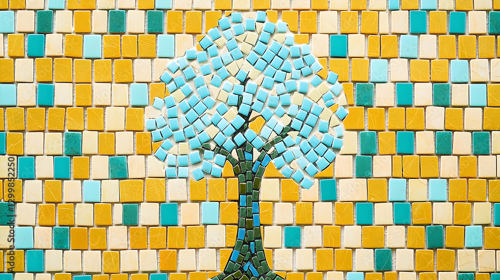 Poster colorful mosaic tree pattern with square tiles in abstract design with yellow and blue colors