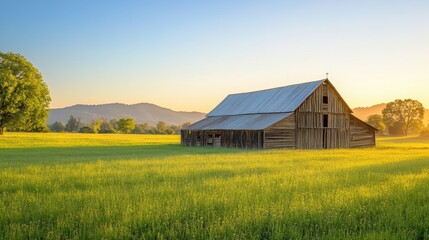 Rustic wooden barn in a sunlit field, near rolling hills. Perfect for agriculture, rural life, or nostalgic themes.