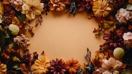 Colorful flowers and leaves arranged around a blank background space