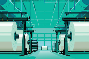 Gigantic rolls of paper dominate a bustling industrial paper mill, showcasing the manufacturing process.