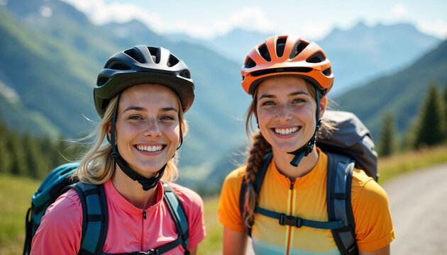 Two smiling young beautiful women wearing bright bicycle helmet, cycling jersey and a small backpack traveling in sunny alpine mountains  Closeup portrait