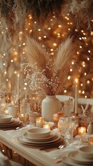 Elegant Table Setting with Dried Flowers and Warm Lights Decoration