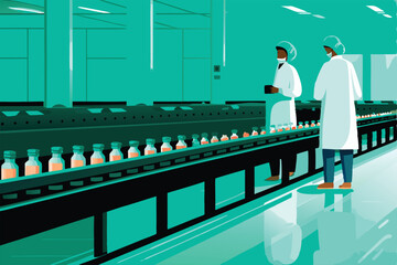 A sterile, modern pharmaceutical factory interior showing scientists in white lab coats meticulously working amidst high-tech equipment.