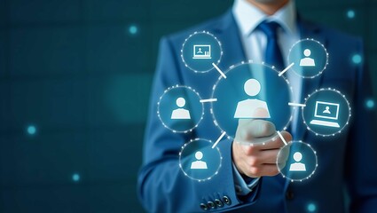 Human resource management technology (HR), Human resource manager touching human resource network structure and checks the CV online to choose the perfect employee for company, Effective