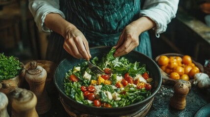 Woman's hands toss a vibrant salad with spinach, tomatoes, and cheese in a rustic bowl. This image is perfect for healthy eating, cooking, and food blog websites.