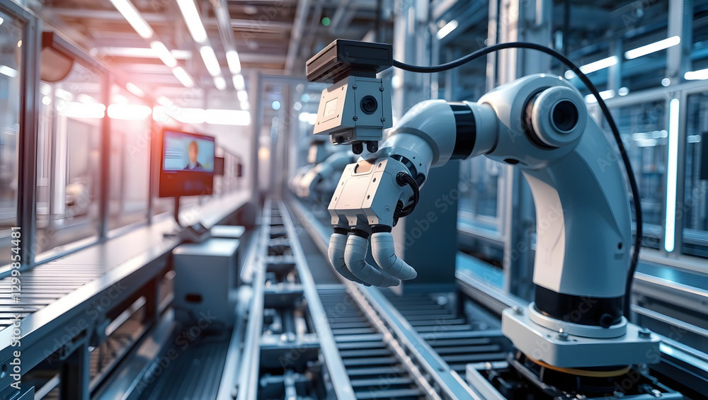 Poster a close-up shot of an automated robotic arm working on an assembly line, with a monitor