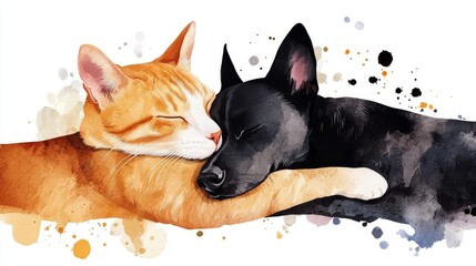 A heartwarming illustration of a cat and dog cuddling peacefully together.