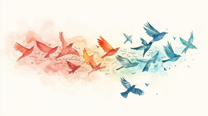 Obraz premium A mesmerizing mixed-media artwork combining watercolor and ink, featuring an old journal bursting open, releasing a cascade of delicate origami birds