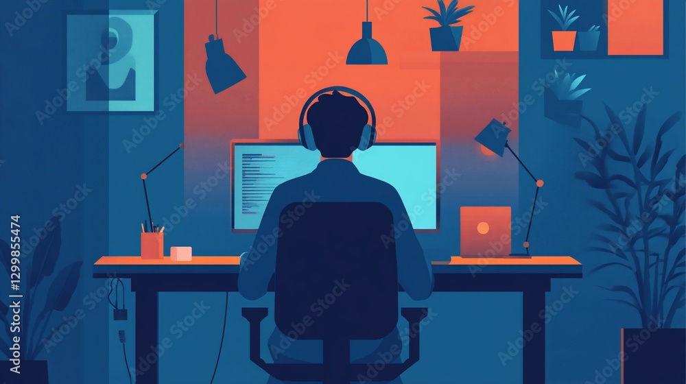 Poster modern workspace: person coding at desk with headphones and minimalist art