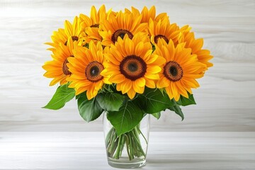 Fototapeta premium A vibrant bouquet of sunflowers in a clear glass vase, radiating warmth and summer joy.