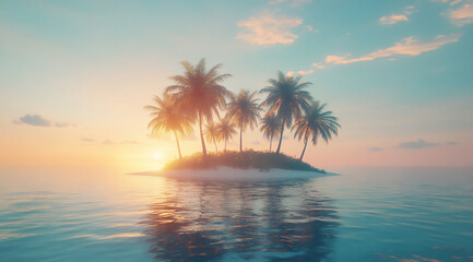 Fototapeta premium a beautiful tropical island with palm trees and water reflections,