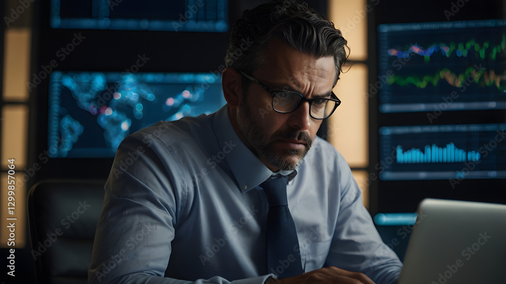 Poster a serious-looking businessman working diligently on a laptop in a modern office setting, surrounded 