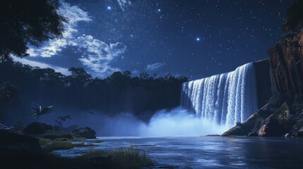 Nightfall Waterfall Serenity: A Celestial Cascade Under the Starry Sky